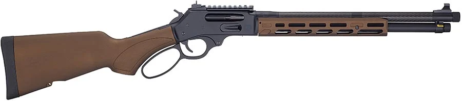 Lever-action rifle with a wooden stock and brown ventilated fore-end, shown from the side