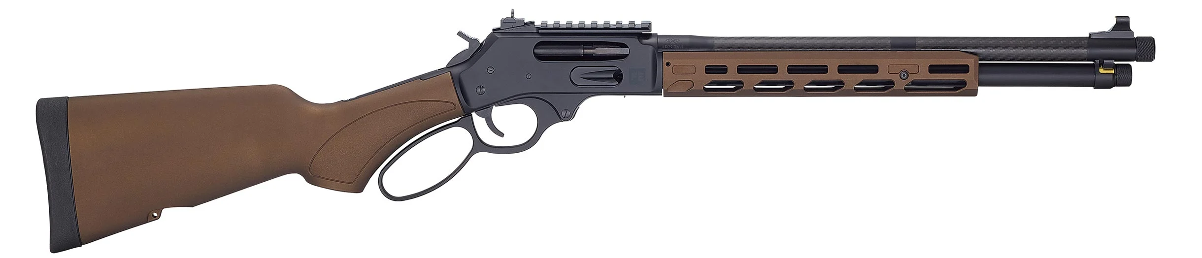 Long-barrel semi-automatic rifle with brown stock and handguard shown in side profile on a white background