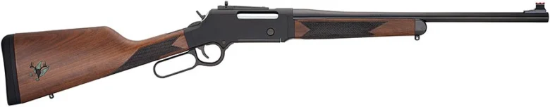 Lever-action rifle with wooden stock and long barrel, iron sights, decorative checkering on grip