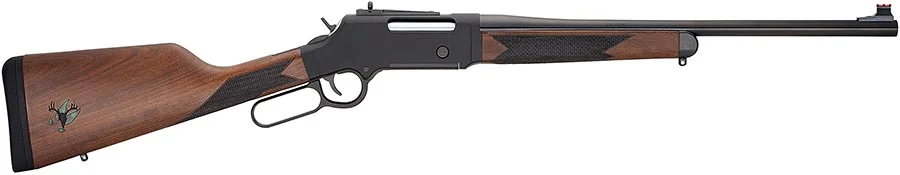 Lever-action rifle with wooden stock and long barrel, iron sights, decorative checkering on grip