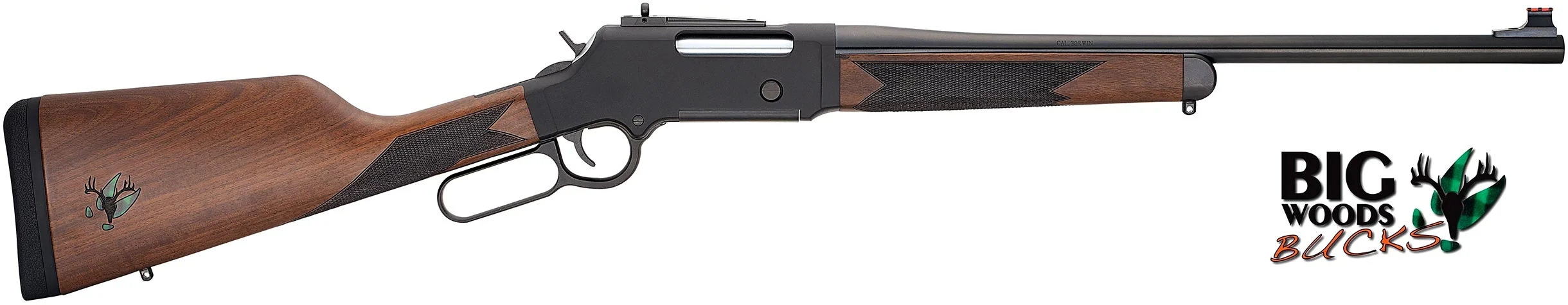 Lever-action rifle with a walnut stock and checkered grip, shown in profile on a white background; Big Woods Bucks logo on the right.