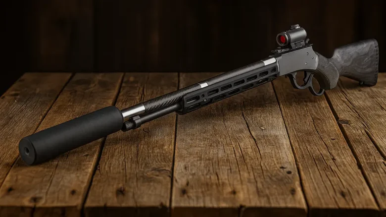 Long rifle with a red-dot scope rests on a rustic wooden table, featuring a black chassis and fore-end rail system.