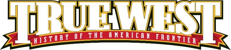 TRUE WEST logo with bold white letters outlined in black and gold, featuring a red ribbon that reads 'History of the American Frontier'
