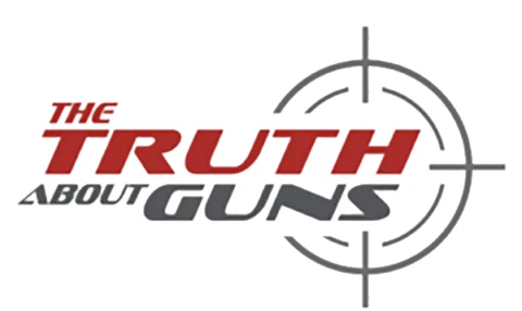 Logo for 'The Truth About Guns' with red and gray text and a circular crosshair target to the right.