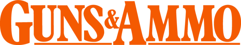 GUNS & AMMO magazine logo in bold orange typography