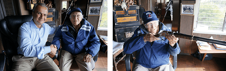 Side by side photos of Anthony Imperato shaking hands with Louis Zamperini and Zamperini holding an engraved rifle up to his shoulder.