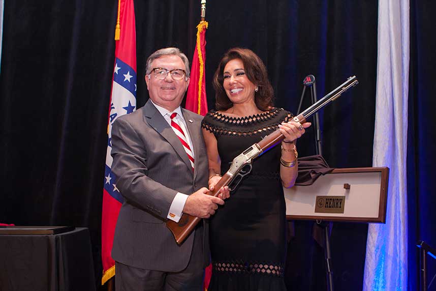Jeanine Pirro, Fox News host, presented with engraved Henry Big Boy rifle by Republican Party of Arkansas