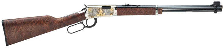 Henry Repeating Arms commemorative lever-action .22 caliber rifle with wood stock and engraved metal components