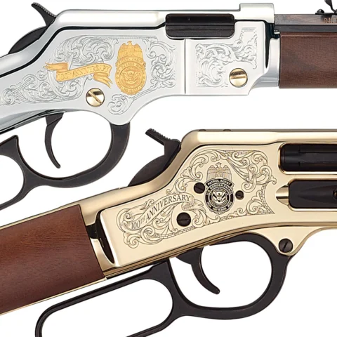 Custom Henry Golden Boy lever-action rifle with engraved department badge design on American walnut stock