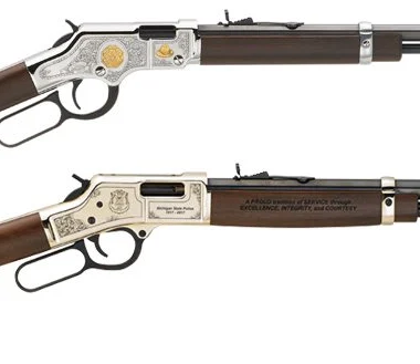 Two lever-action Henry repeating rifles in custom 100th anniversary editions for Michigan State Police and New York State Troopers