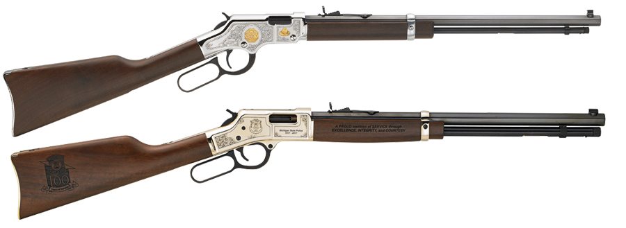 Two lever-action Henry repeating rifles in custom 100th anniversary editions for Michigan State Police and New York State Troopers