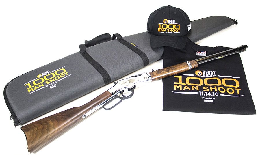 Promotional image for Henry Repeating Arms' 1,000 Man Shoot event featuring Henry Golden Boy Silver rifles and shooting gear