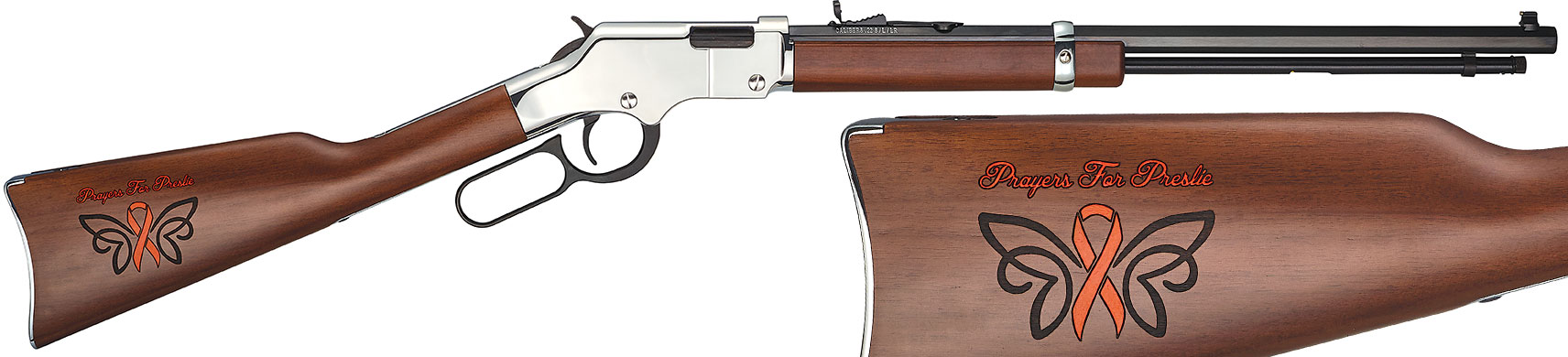 Custom Henry lever-action rifle with butterfly engraving on wooden stock