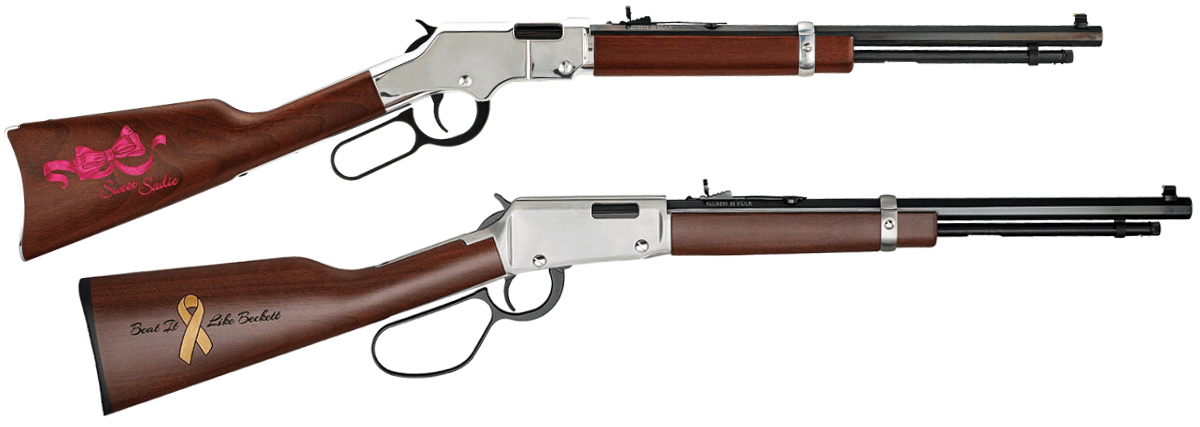 Two Henry lever-action rifles, a rifle with wood furniture and a rifle with stainless steel furniture