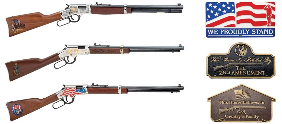Henry Patriot Series lever-action rifles with American flag, 2nd Amendment signs
