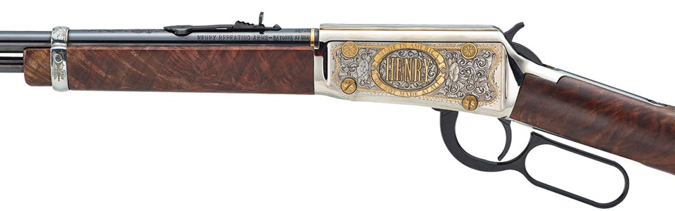 Henry Lever Action .22 rifle, 1 millionth model produced, detailed view of receiver with ornate engraving