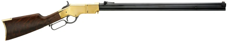 Classic Henry lever-action rifle with polished brass receiver and wood stock