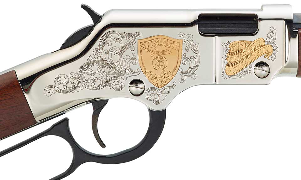 Henry Golden Boy lever-action rifle with engraved Shriners emblem on receiver