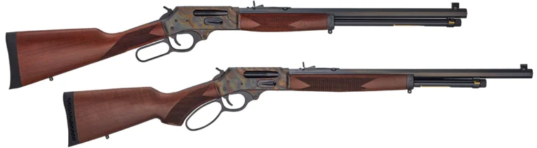 Two Henry lever-action rifles with color case hardened receivers and wooden stocks