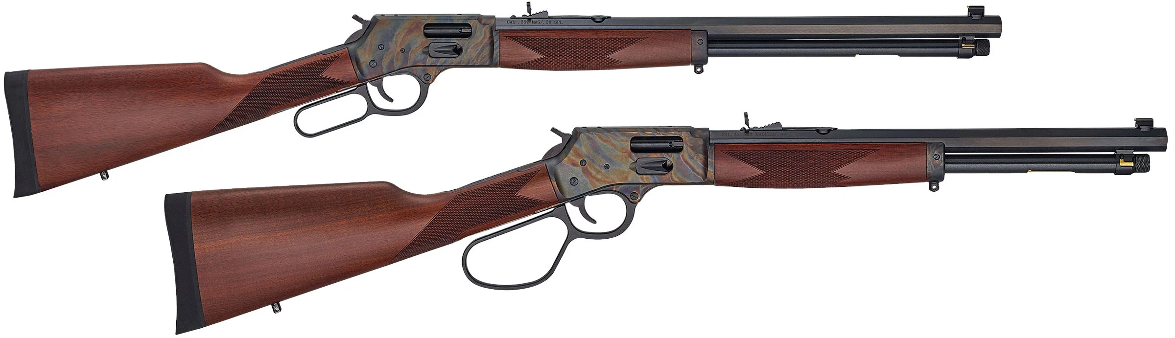 Two lever-action rifles with color case hardened finish, designed for hunting, target shooting, and outdoor sports
